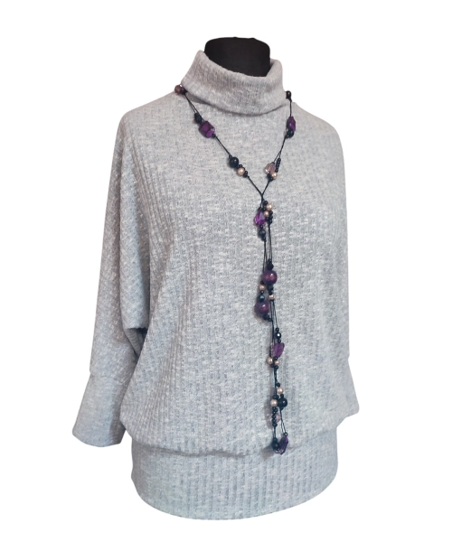 Cieplutki sweter KIMONO z golfem - szary prążek z połyskiem